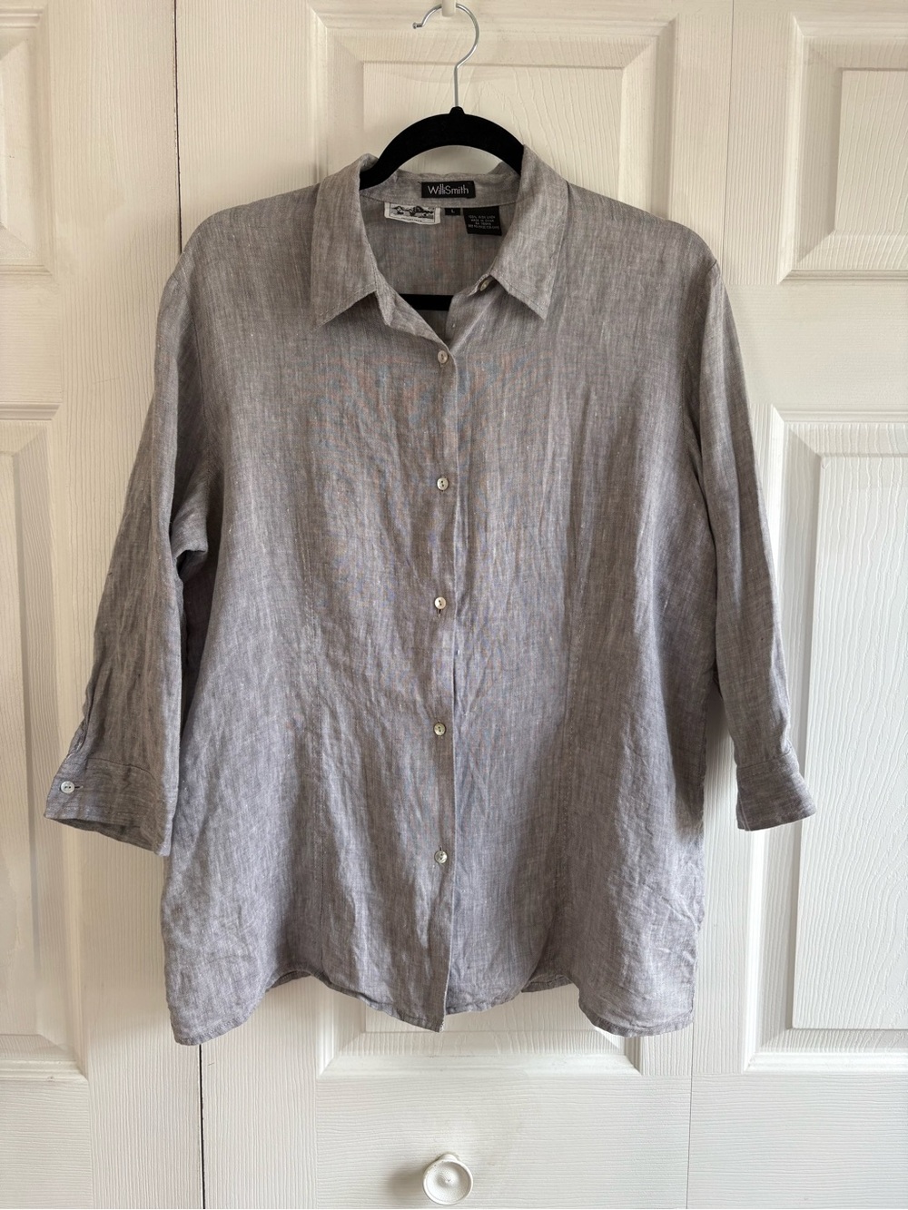 Willi Smith 100%‎ Irish Linen Grey Blue Button Shirt Blouse Lagenlook Career L